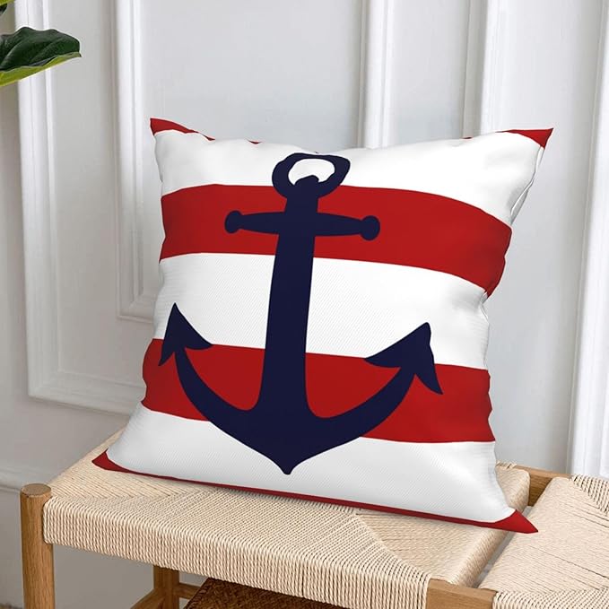 Set of 4 Summer Beach Throw Pillow Covers 18x18 Red and White Stripe Coastal Ocean Anchor Pillow Cover Couch Decorative Outdoor Square Pillow Cushion Cases for Living Room Sofa Bed Home Decor