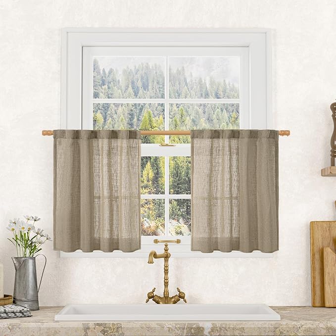 LAMIT Taupe Linen Curtains 24 Inch Length for Cafe, Semi Sheer Light Filtering Panels Back Tab and Rod Pocket Small Window Drapes for Basement, 2 Panels, 34 x 24 Inch