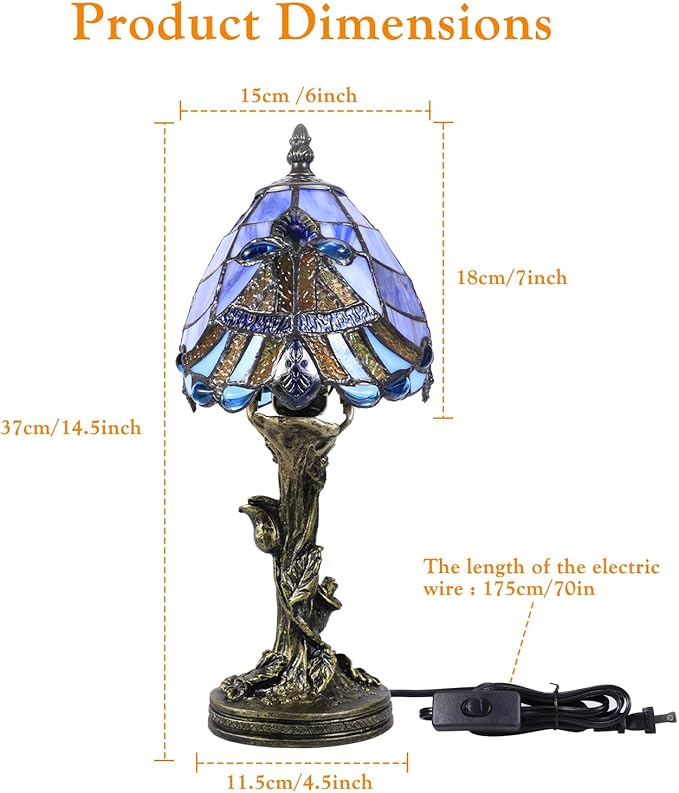 Small Tiffany Style Lamp,Blue Baroque Mini Stained Glass Tiffany Lamps for Living Room Home,Bedroom Bedside Vintage Lamp for Office Dorm Bar Decor Gift,Included LED Bulb
