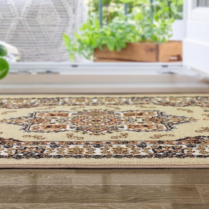 Antep Rugs Alfombras Oriental Traditional 2x10 Non-Skid (Non-Slip) Low Profile Pile Rubber Backing Indoor Runner Rugs (Beige, 2' x 10')