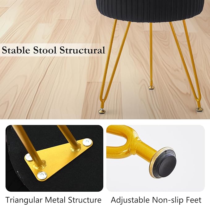 Velvet Vanity Stool Chair, Round Makeup Vanity Chair with Adjustable Metal Legs & Soft Padded Seat, Ottoman Foot Stool for Bedroom, Living Room, Entryway, Black