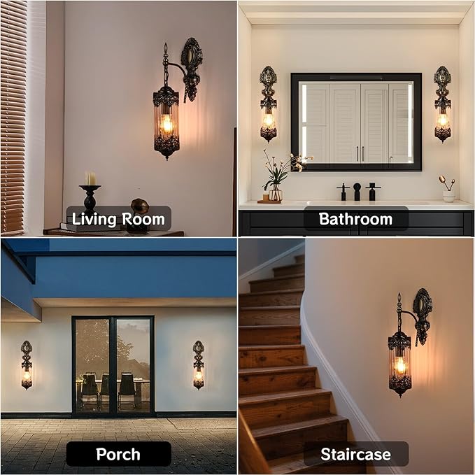Rustic Wall Sconce with Clear Glass,Vintage Antique Gothic Wall Light Fixture E26 Mid Centry Lantern Bedside Sconces Wall Lighting for Living Room Bathroom Hallway Mirror