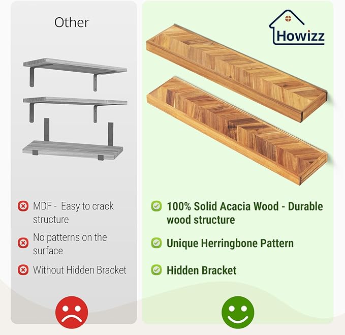 24" Acacia Chevron Floating Shelves Set of 2 - Wall Mounted Wooden Shelf for Stylish Home Dรฉcor - Natural Color - 24x6.7x1.5 Inches