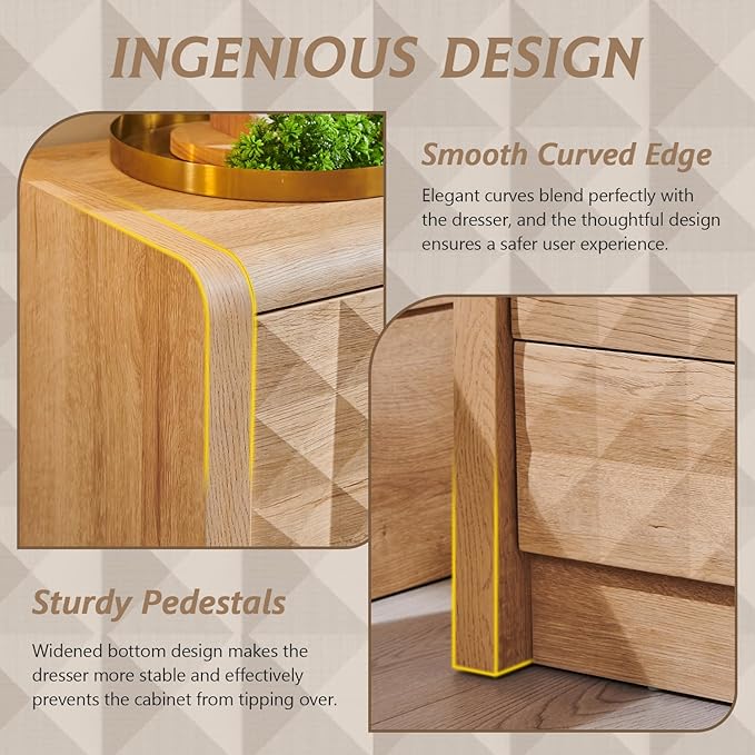 Modern Night Stand Set 2, 23.62" Wide Wood Side Table w/2 Storage Drawers &Open Shelf &Charging Station, Mid Century Modern Bedside w/Diamond Panel Decorate for Bedroom, Curved Profile Design, Natural