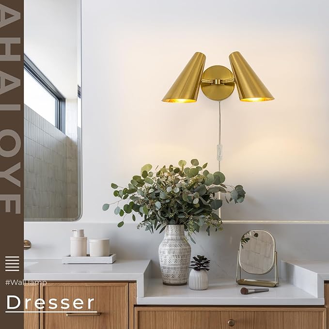 Gold 2-Light Plug in Wall Sconce, Modern Vanity Light Wall Lamp with Rotatable Lampshade Picture Light for Bedroom Living Room Bathroom Foyer