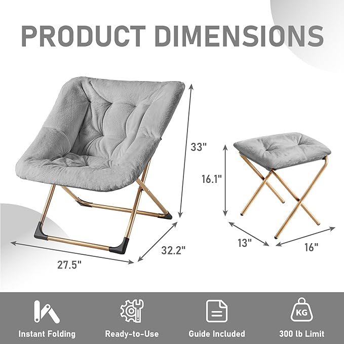Comfy Oversized Saucer Chair with Ottoman,Soft Faux Fur Reading Lounge Chair for Adults,Stable X-Large Metal Frame and Non-Slip Pad,Cozy Chair for Bedroom, Living Room, Dorm, Light Gray
