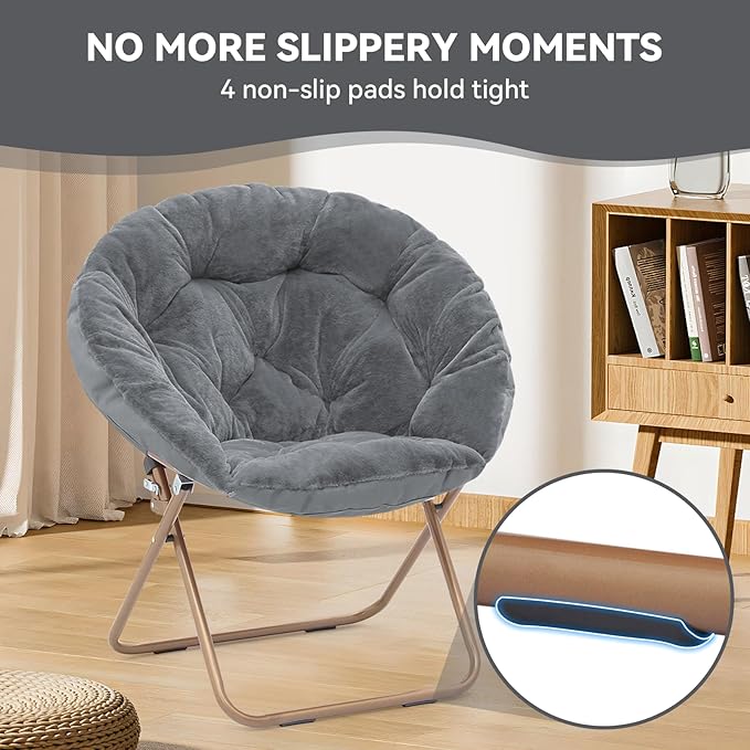 Magshion Saucer Chair for Adults, Comfy Living Room Lounge Chair for Bedroom Corner, Dorm, Apartment, Faux Fur Fluffy Circle Accent Seat with Thick Padded & Folding Metal Frame (Grey)
