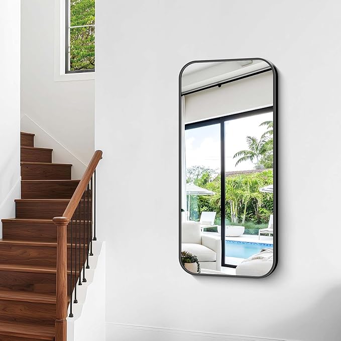 Bathroom Mirror, 48 x 24 inch Black Rectangle Wall Mirror, Metal Framed Rectangular Vanity Mirror, Rounded Corner Wall Mounted Mirror for Modern Bedroom Living Room Horizontal/Vertical