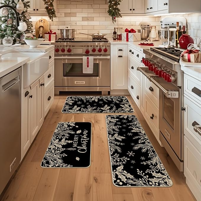 Artoid Mode Black Holly Pine Branches Merry Christmas Kitchen Mats Set of 2, Winter Decor Low-Profile Kitchen Rugs for Floor - 17"x29"+17"x36"+17"x47"