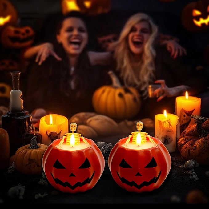Homemory Halloween Flameless Pumpkin Candles, 2Pcs LED Real Wax Pumpkin Lamp with Skeleton, Flickering Battery Operated Candles with Remote for Halloween Decor, Theme Party, Holiday Gift, Orange