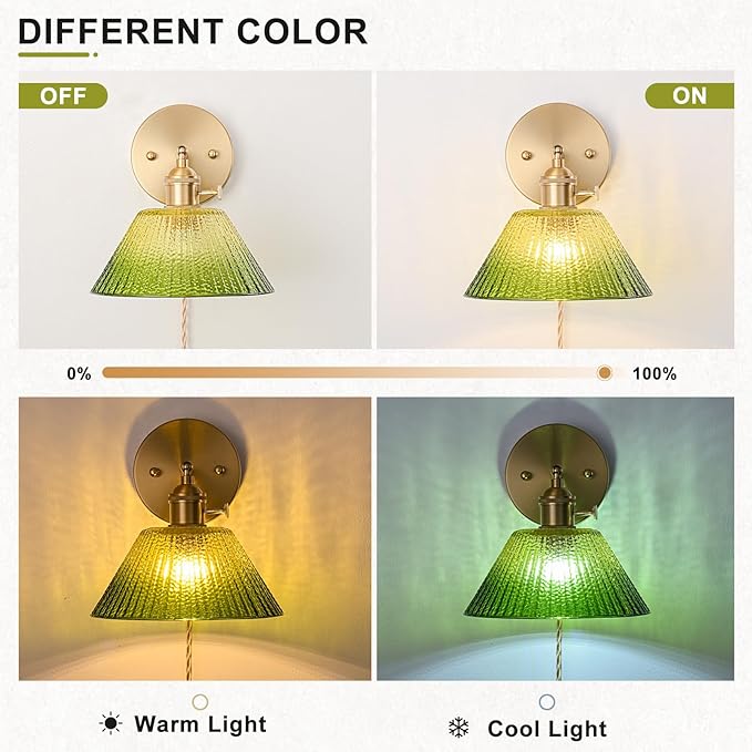 Plug in Wall Sconce, Vintage Sconce Light with Gradient Green Glass Lampshade, 180° Adjustable Wall Sconce with Switch and Plug in Wall Lamp Cord, Gold Wall Light for Bedroom Bedside