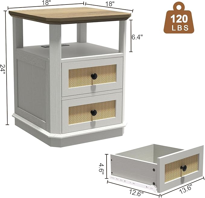 End Table with Charging Station, 24” Tall Sofa Side Table with Rattan Drawer, Anti-Collision Angle Wooden Night Stand for Living Room, Bedroom, Office.