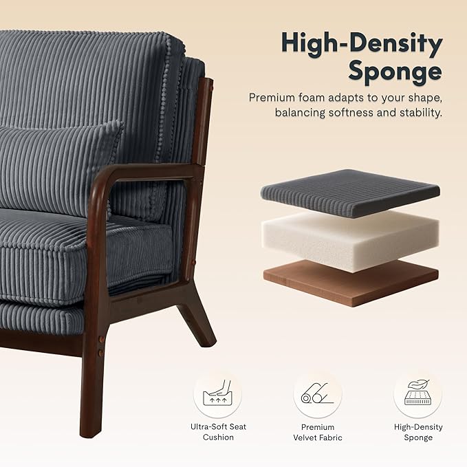FLEXISPOT AC1 Mid Century Modern Accent Chairs Set of 2, Corduroy Upholstered Armchairs with Wood Frame, Thick Backrest & Lumbar Pillow, Comfy Reading Chairs for Living Room, Bedroom, Balcony (Grey)
