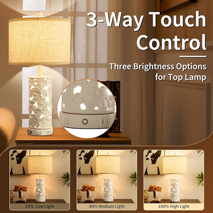 25.5" Modern Ceramic Table Lamp Bedroom Lamp for Bedside, 2 USB & AC Outlet with Night Light White Lamps Farmhouse Night Stand Lamps for Living Room Study Room Office