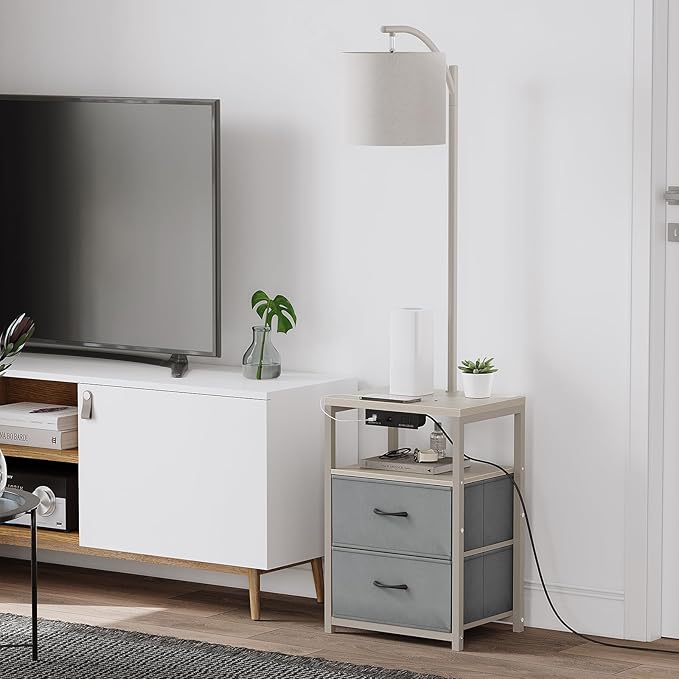 SUNMORY Floor Lamp with Table & 2 Drawers, Lamp with USB Port and Outlet, Lamps for Nightstand with 3 Color Temperature Led Bulb Included, Floor Lamps for Living Room, Bedroom and Home Office, Grey