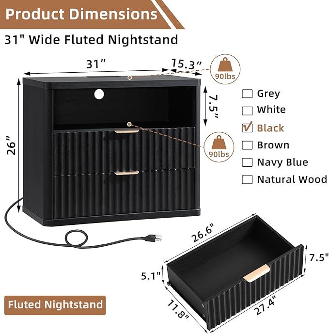 LEYAOYAO 31" Wide Fluted Nightstand with Charging Station, Oversized Extra Large 2 Drawers Night Stand,Black Wood Bedside Table,Tall Bed Side End Tables,Modern Chest of Drawers Dressers for Bedroom