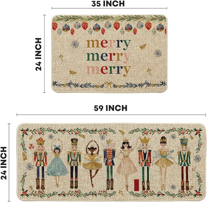 Artoid Mode Watercolor Nutcrackers Merry Christmas Decorative Kitchen Mats Set of 2, Home Party Low-Profile Kitchen Rugs - 24x35 and 24x59 Inch