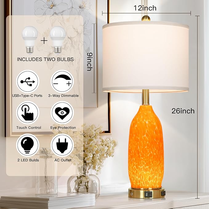 26" Modern Orange Glass Table Lamp Set of 2,Bedside Lamps with USB A+C Ports & AC Outlet, Nightstand Lamp with 3-Way Dimmable Touch Control Night Light for Bedroom Living Room(Bulbs Included)