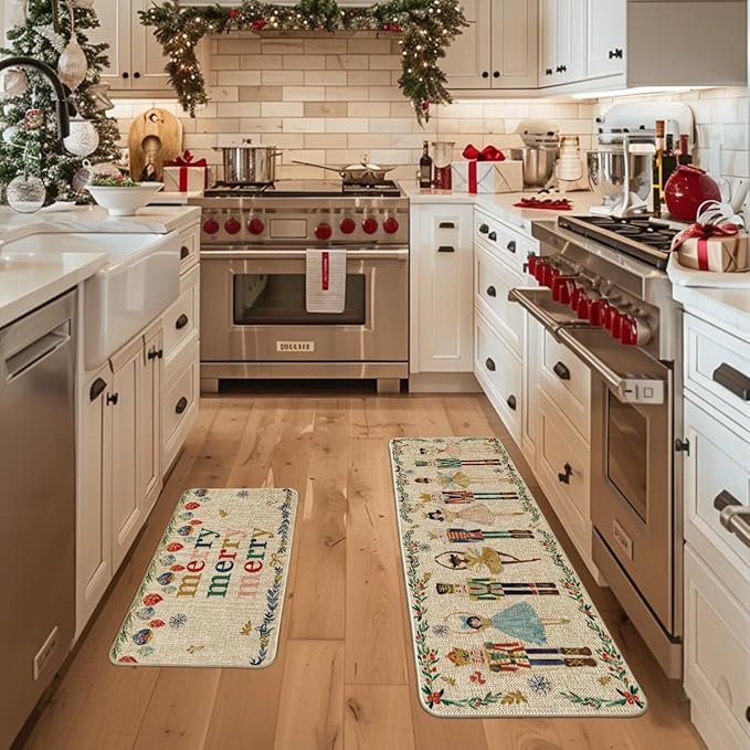 Artoid Mode Watercolor Nutcrackers Merry Christmas Decorative Kitchen Mats Set of 2, Home Party Low-Profile Kitchen Rugs - 17x29 and 17x47 Inch