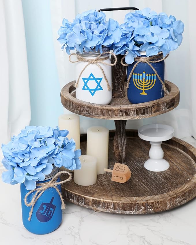 Nefelibata Hanukkah Mason Jar Floral Arrangement Table Centerpiece Hanukkah Home Decor Hanukkah Tiered Tray Decor with Faux Plants Artificial Blue Flowers Set of 3