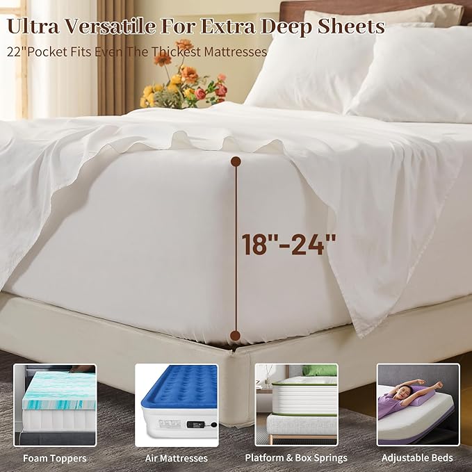 MEISHANG 100% French Pure Linen Sheets King Size - 6 PC Extra Deep Pocket Sheet Set, Soft Durable Flax Linen, Anti-Tear Breathable & Oeko-Tex Certified 18-24 Deep Pocket,All Season(White)