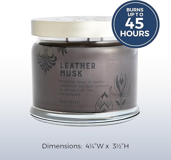 PartyLite 3-Wick Jar Candle, Highly Fragranced Clean Burning Glass Candle, 25-45 Hours Burn Time (Leather Musk)