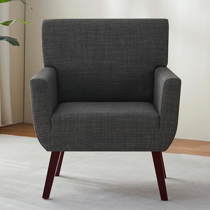 Upholstered Accent Chair,Mid Century Modern Linen Fabric Living Room Chair with Arm,Comfy Wingback Club Armchair for Bedroom Reading Dark Grey