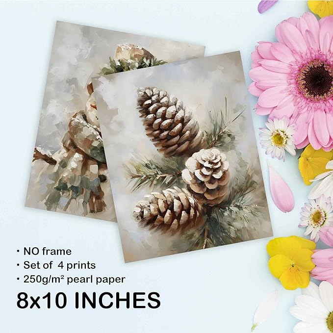 TLESKE Vintage Winter Christmas Posters Prints Unframed Set of 4, Pine Cones Snowman Cardinal Wall Art Prints Decor for Living Room Bedroom, Rustic Pine Tree Holly Berries Wall Pictures, 8x10 Inches