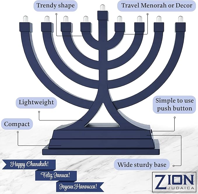 Zion Judaica Mini LED Hanukkah Menorah Battery or USB Operated - Multiple Light Settings On The Go Hanukkiah for Chanukah Decorations (Blue)
