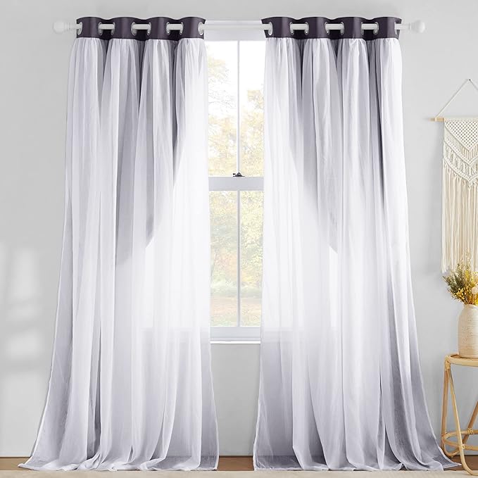 NICETOWN Blackout Curtains for Living Room Window Covering Double Layer Drapes with Sheer Overlay Thermal Insulated Farmhouse Rustic Design for Bedroom, W52 x L84 Inches, Greyish Purple, 2 Panels
