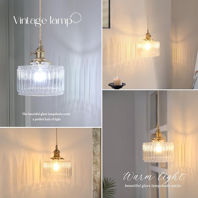 Vintage Wall Sconce Wall Lamp with Clear Striped Shade Pattern Glass Adjustable Chain Retro Gold Wall Mounted Light, Modern Wall Lamp Fixtures Decor for Bedside Bedroom Indoor Doorway