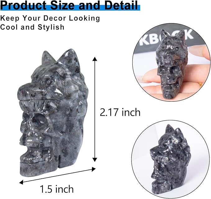 2.17 Inch Crystal Skull with Wolf Head Figurine Decor, Larvikite Skull with Wolf Head Statue Decor for Home Office Desk, Hand Carved Healing Crystal Animal Statues Gifts for Women Men