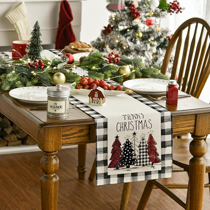 Artoid Mode Waterclor Buffalo Plaid Christmas Trees Merry Xmas Table Runner, Seasonal Winter Holiday Kitchen Dining Table Decoration for Indoor Outdoor Home Party Decor 13 x 120 Inch