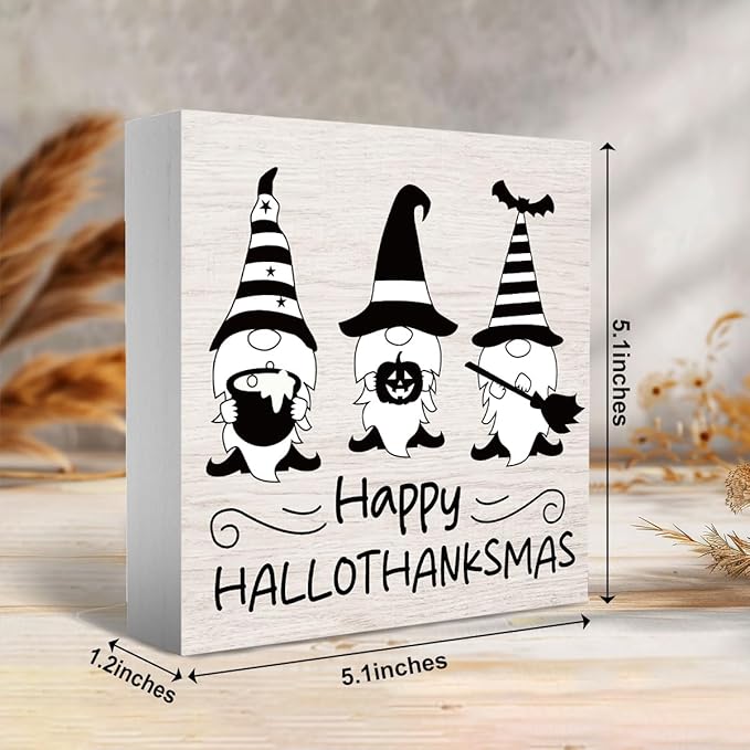 Vintage Gnome Wooden Box Sign Funny Desk Decor Halloween Decorations Witchcraft Supplies for Home Farmhouse Table Tiered Tray Wall Rustic Plaque Block Sign Decorative Thanksgiving Fall Christmas Decor