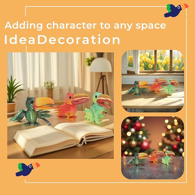 3D Toucan- Articulated Figurine Ornament, Rainforest & Samba Style Animal, Home/Office Decor, Animal Collectible, Multi-Color Options with Bi-Color Gradients