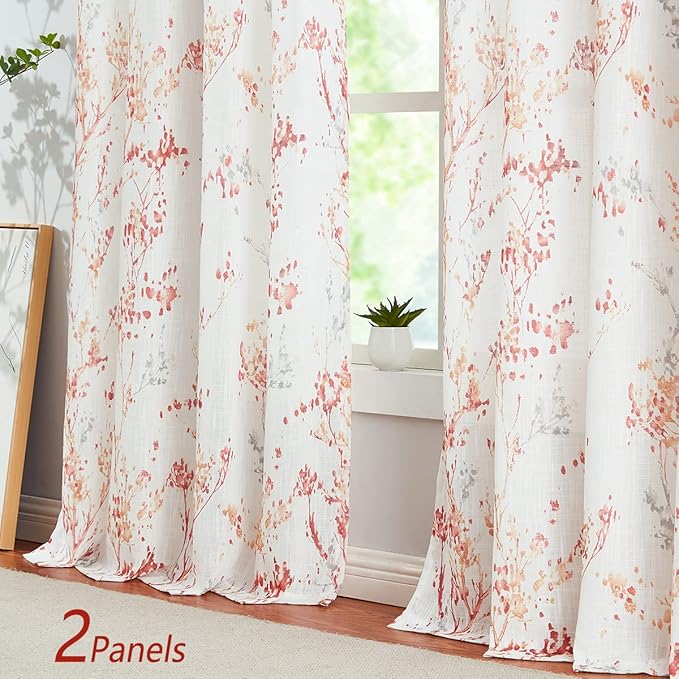 Branch Sheer White Curtains 96inch Long Red Tree Branch Semi Sheer Curtains Panels for Living Room Bedroom Linen Look Multicolor Pattern Textured Window Drapes for Kitchen Grommet Top 2pcs