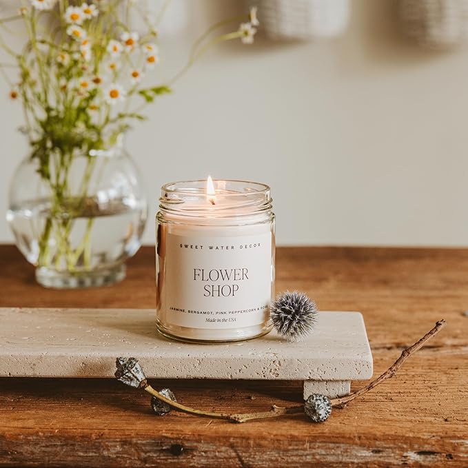 Sweet Water Decor Flower Shop Candle - Rose Scented Soy Jasmine, Bergamot, Rose Spring Candle - 100% Cotton Wick with 40 Hours Burn Time - Floral Scented Décor for Home