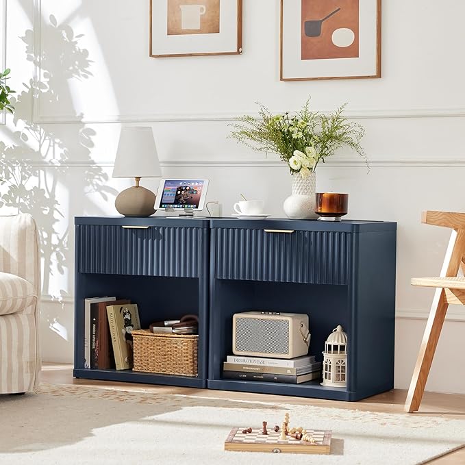 LEYAOYAO Fluted Farmhouse Nightstand Set of 2 with Charging Station, 23" Wide 1 Drawers End Table,Blue Dresser for Bedroom,Bed Side Table Chest of Drawers Cabinet,Wood Night Stand for Living Room