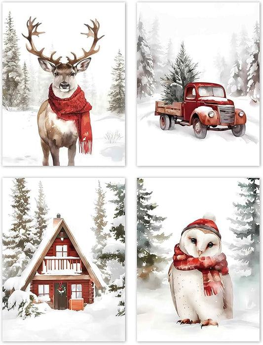TLESKE Winter Christmas Snowy Woodland Animals Posters Prints Unframed Set of 4, Forest Deer Reindeer Moose Owl with Red Scarf Wall Art Prints Decor for Nursery Bedroom, Christmas Pine Trees Wall Pictures, 12x16