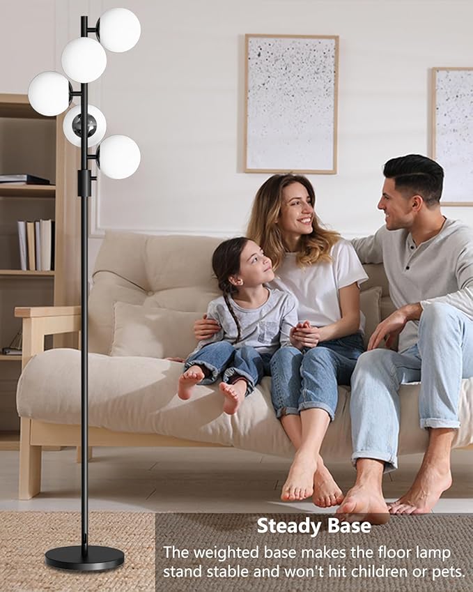 Lightdot 5-Globe Dimmable Globe Floor Lamp Black Retro Standing Lamps with 5Pcs 3000K G9 Bulbs Stepless Brightness Adjustable Mid Century Modern Floor Lamp with Stable Base for Living Room/Office