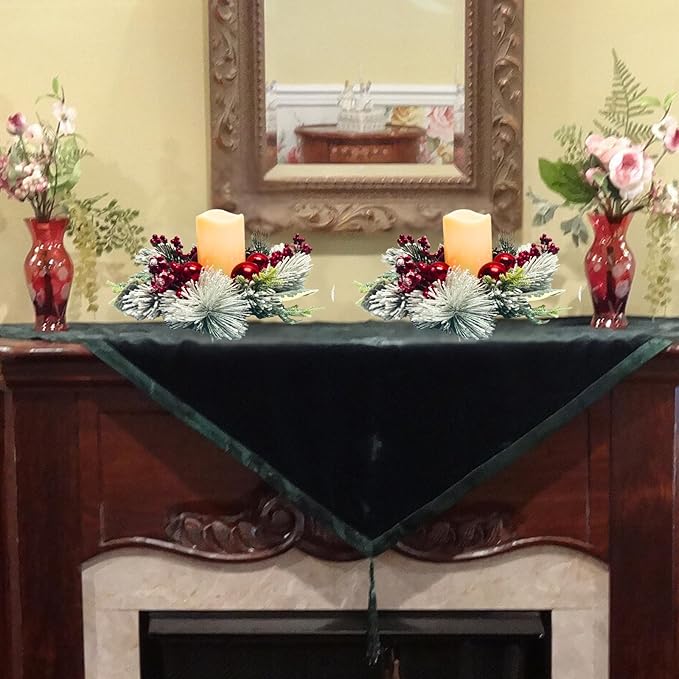 Christmas Candle Rings Wreaths(2 Pcs) Snow Flocked Candle Rings Pine Branches, Red Berries, Pinecones Pillars Candle Rings Christmas Table Centerpiece for Front Door Window Wall Decor