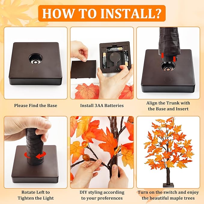2 Pack 24 Inch Lighted Fall Tree for Fall Decorations with 48 LED Timer Battery Operated Tabletop Prelit Artificial Fall Light Up Tree for Home Indoor Outdoor Autumn Harvest Thanksgiving Table Decor