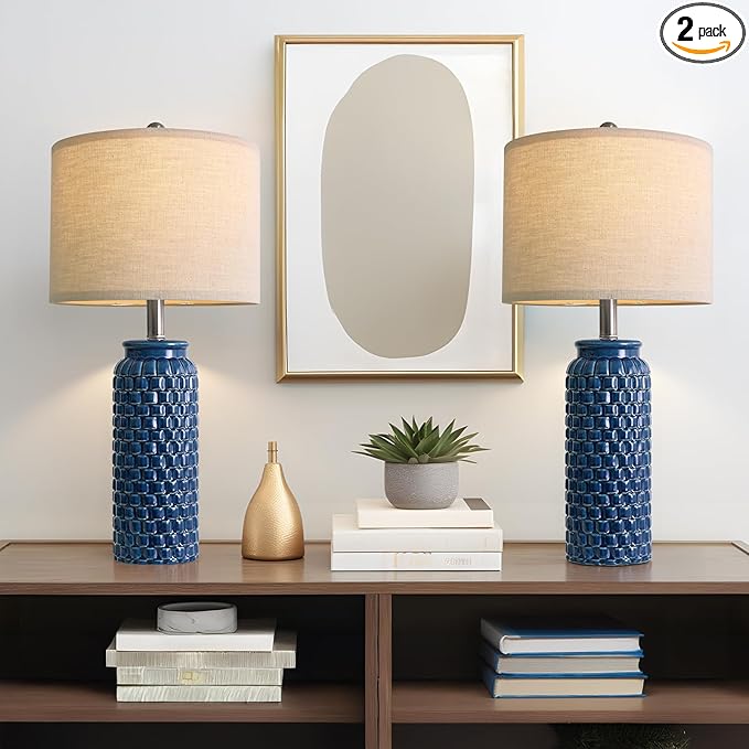 24 inches Modern Ceramic Dark Blue Bedside Lamp Set of 2 for Bedroom Decor Farmhouse Table Lamp for Living Room Office Dorm