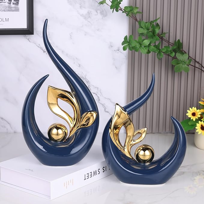 13" H Blue Gold Abstract Sculptures Home Decor, Ceramic Art Statue Cool Stuff to Put on Shelves&tv Stand Decor, Gold Accent Entertainment Center, for Fireplace Coffee Table Dining Table Decorate