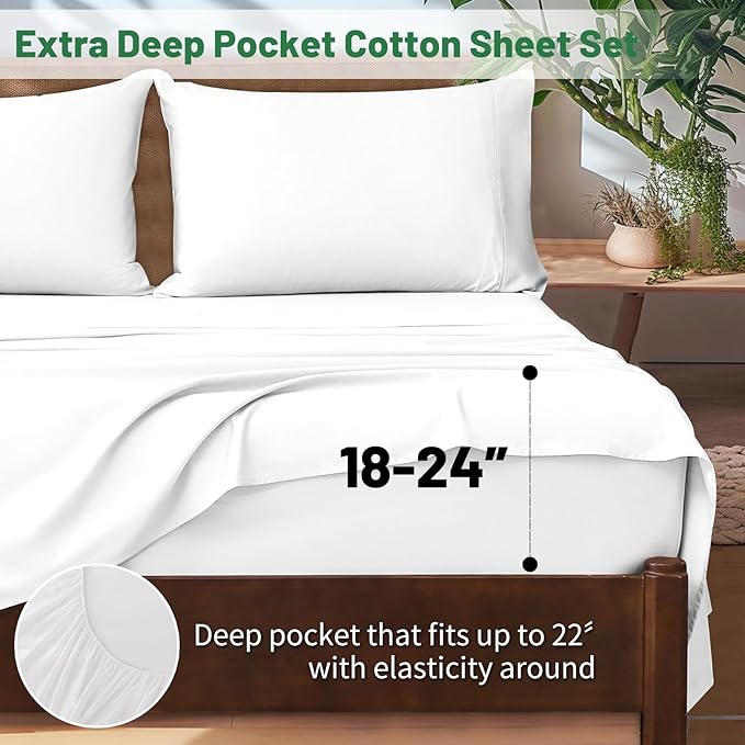 Extra Deep Pocket King Sheets 18-24 Inch 100% Egyptian Cotton 1000 Thread Count Sateen Weave Soft Breathable 4 Pieces(King,White)