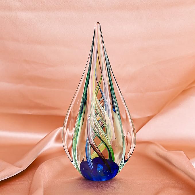 9" Tall Sculpture Hand Blown Glass Decor, Paperweight for Office Desk, Modern Glass Art Figurines Mediterranean Beach House Decor, Living Room Coffee Shelves Table Top Decoration (Aqua)