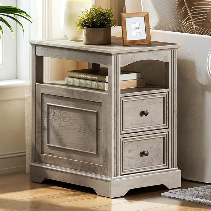 Farmhouse End Table Set of 2, Narrow Sofa Side Table with 2 Drawers and Open Shelf, Wooden Nightstand with Storage for Small Spaces, Bedroom, Living Room, Greige