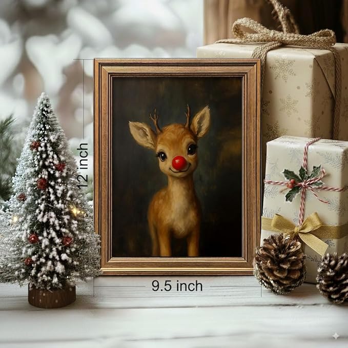 Vintage Christmas Wall Art Decor Gold Framed Art Funny Clown Reindeer Picture Painting for Home Living Room Decor Holiday Gift (Reindeer, 12L" x 9.5W")