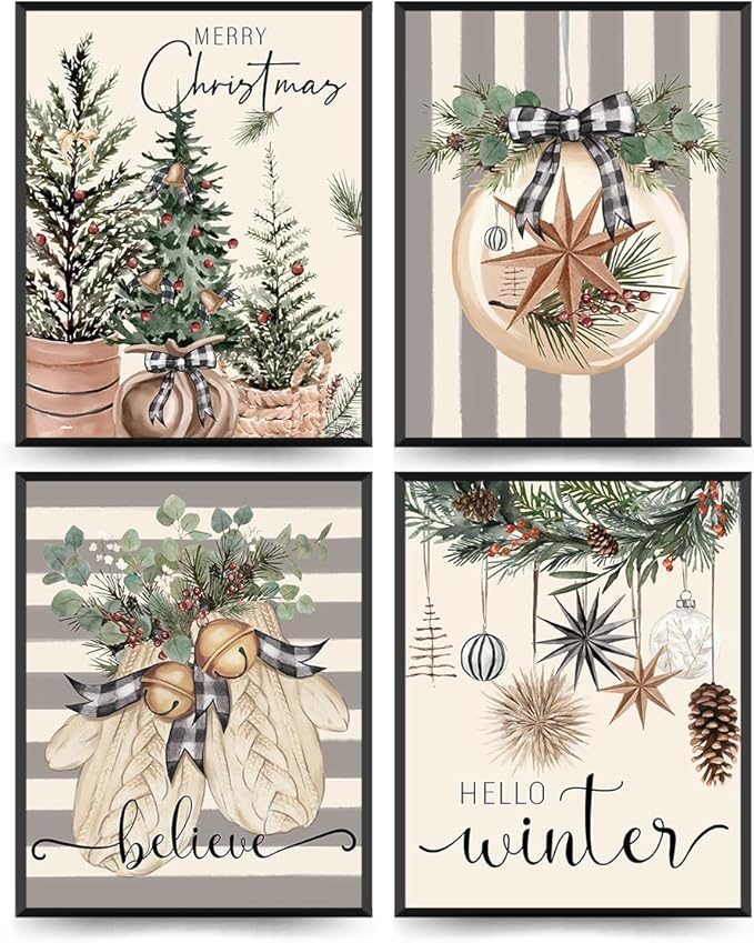 ETVISO Christmas Decor, Merry Christmas Wall Art Prints Set of 4, Retro Xmas Poster, Winter Holidays Gift Print Decor for Gallery Living Room Bathroom, 8x10 (Unframed)