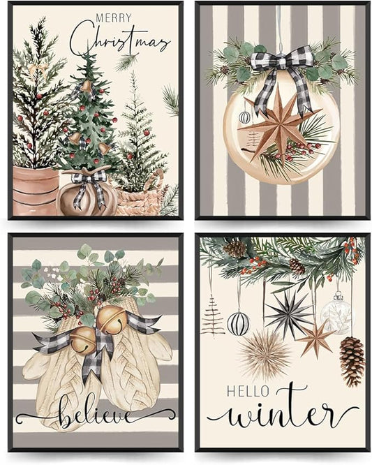 ETVISO Christmas Decor, Merry Christmas Wall Art Prints Set of 4, Retro Xmas Poster, Winter Holidays Gift Print Decor for Gallery Living Room Bathroom, 8x10 (Unframed)